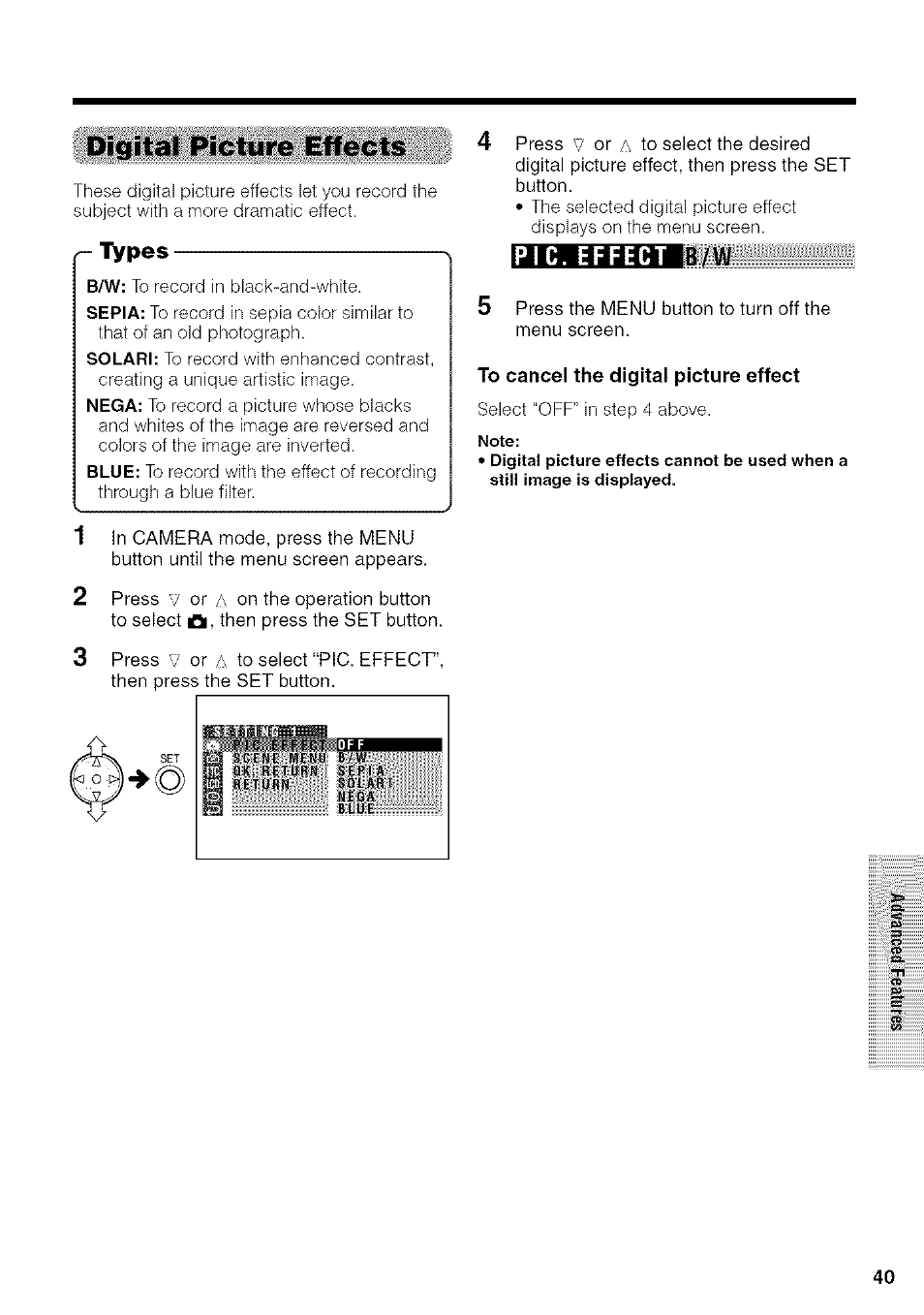 Digital picture effects, To cancel the digital picture effect, Types | Ib/w pic. effect | Sharp VIEWCAM VL-NZ50U User Manual | Page 53 / 83