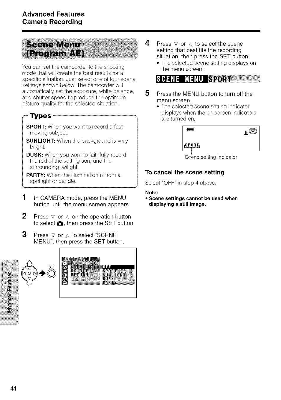 Scene menu (program ae), Types, To cancel the scene setting | Scene m en u isport | Sharp VIEWCAM VL-NZ50U User Manual | Page 54 / 83