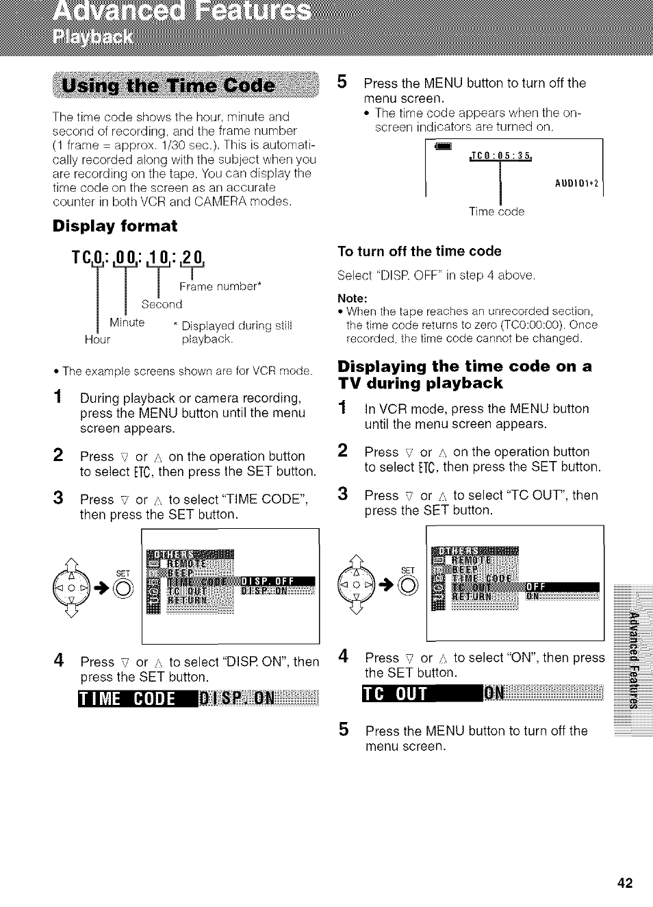 Using the time code, Display format, To turn off the time code | Displaying the time code on a tv during playback, Isp. on time code, Tc out ion 5 | Sharp VIEWCAM VL-NZ50U User Manual | Page 55 / 83