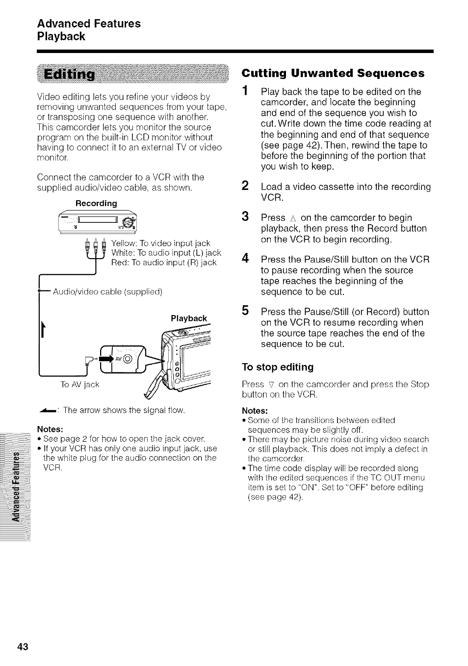 Editing, Cutting unwanted sequences, To stop editing | Sharp VIEWCAM VL-NZ50U User Manual | Page 56 / 83