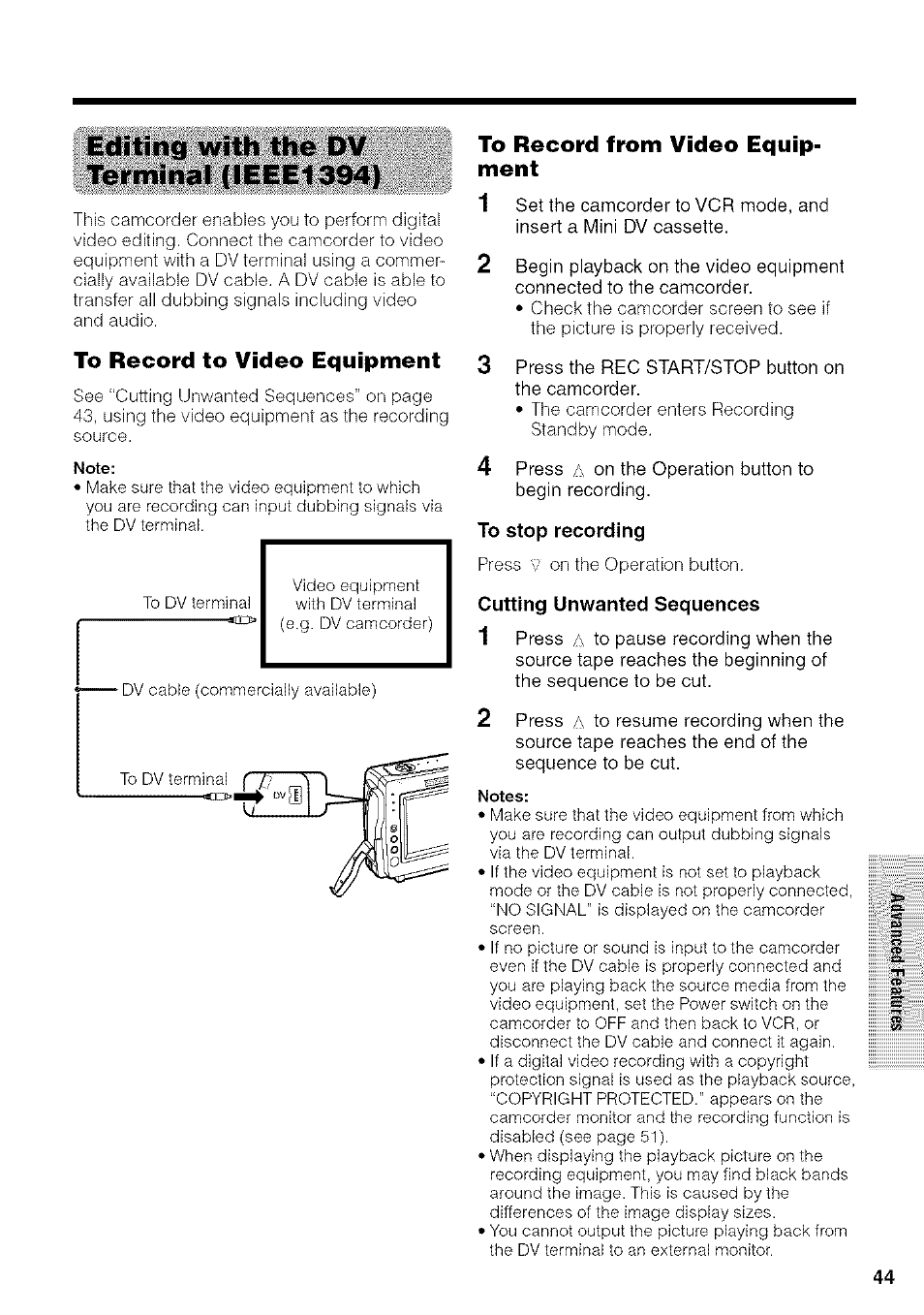 Editing with the dv terminal (ieee1394), To record from video equipment, To stop recording | Cutting unwanted sequences | Sharp VIEWCAM VL-NZ50U User Manual | Page 57 / 83