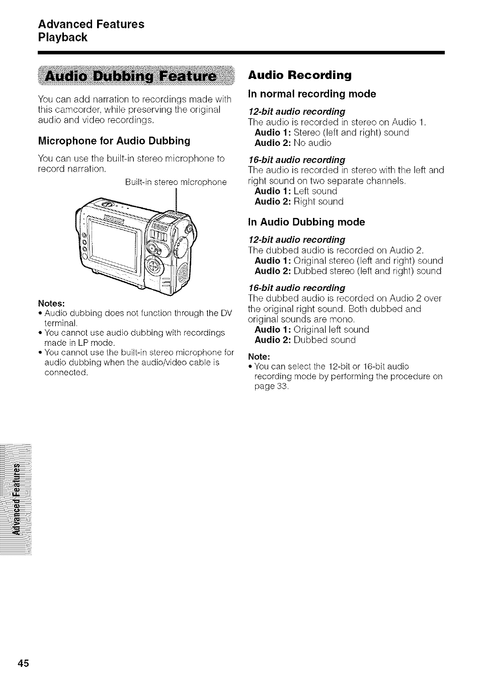 Audio dubbing feature, Microphone for audio dubbing, Audio recording | In normal recording mode, In audio dubbing mode, Advanced features playback | Sharp VIEWCAM VL-NZ50U User Manual | Page 58 / 83