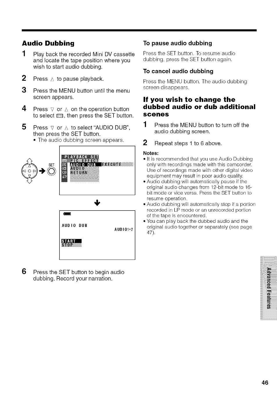 Audio dubbing, To pause audio dubbing, To cancel audio dubbing | Sharp VIEWCAM VL-NZ50U User Manual | Page 59 / 83