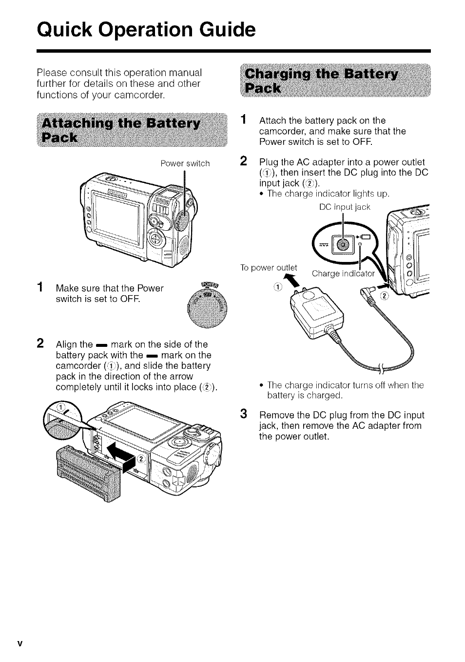 Quick operation guide, Attaching the battery pack, Charging the battery pack | Sharp VIEWCAM VL-NZ50U User Manual | Page 6 / 83