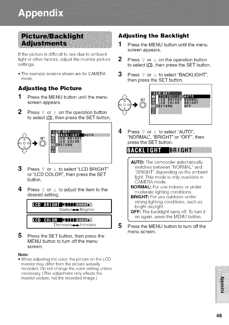 Picture/backlight, Adjustments, Adjusting the picture | Adjusting the backiight, Ibright, Picture/backlight adjustments, Ibright bac kligh t | Sharp VIEWCAM VL-NZ50U User Manual | Page 61 / 83