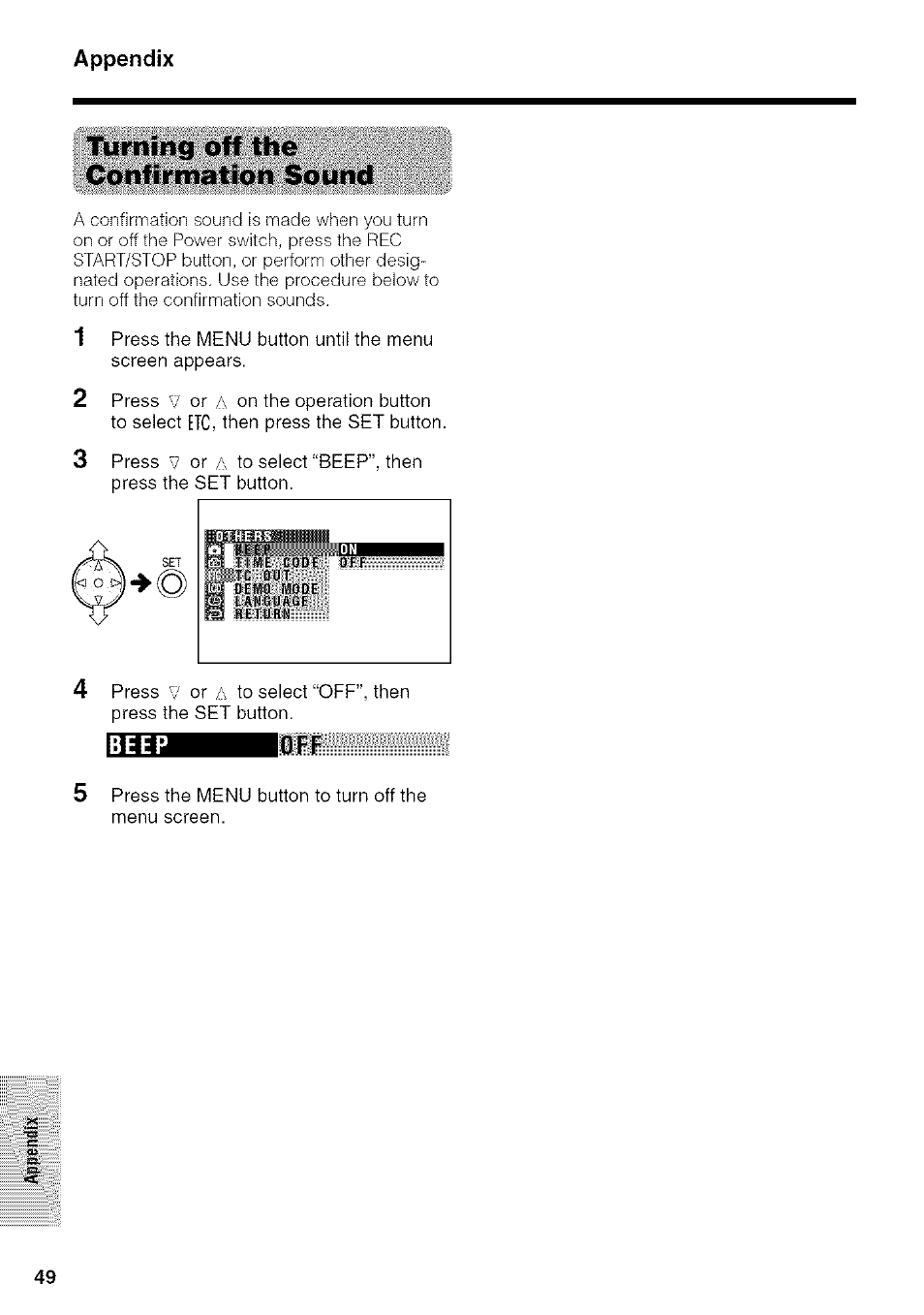 Turning off the confirmation sound, Loff beep | Sharp VIEWCAM VL-NZ50U User Manual | Page 62 / 83