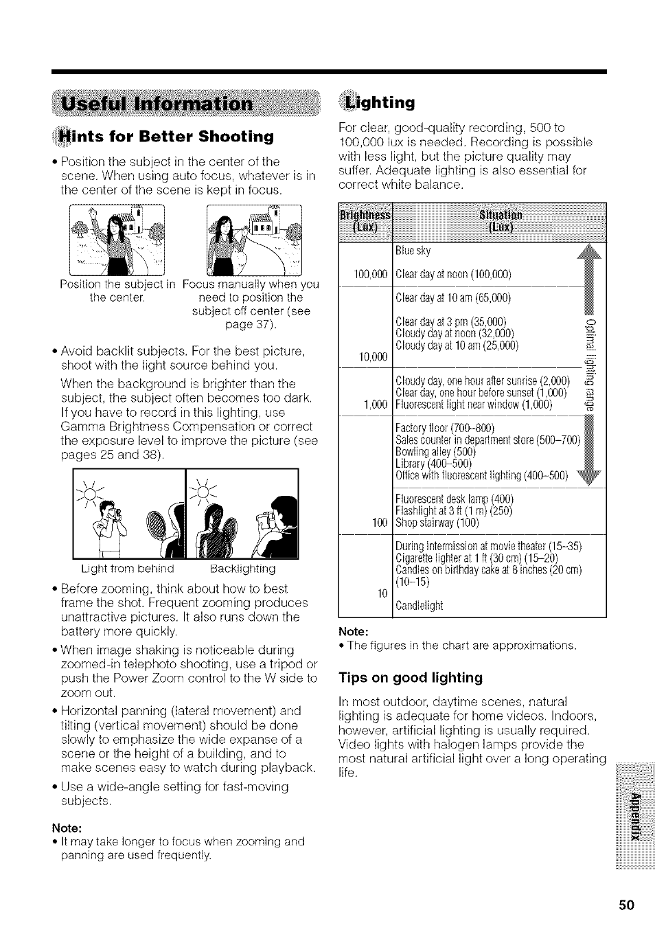 Hints for better shooting, Tips on good lighting, Useful information | Lighting | Sharp VIEWCAM VL-NZ50U User Manual | Page 63 / 83