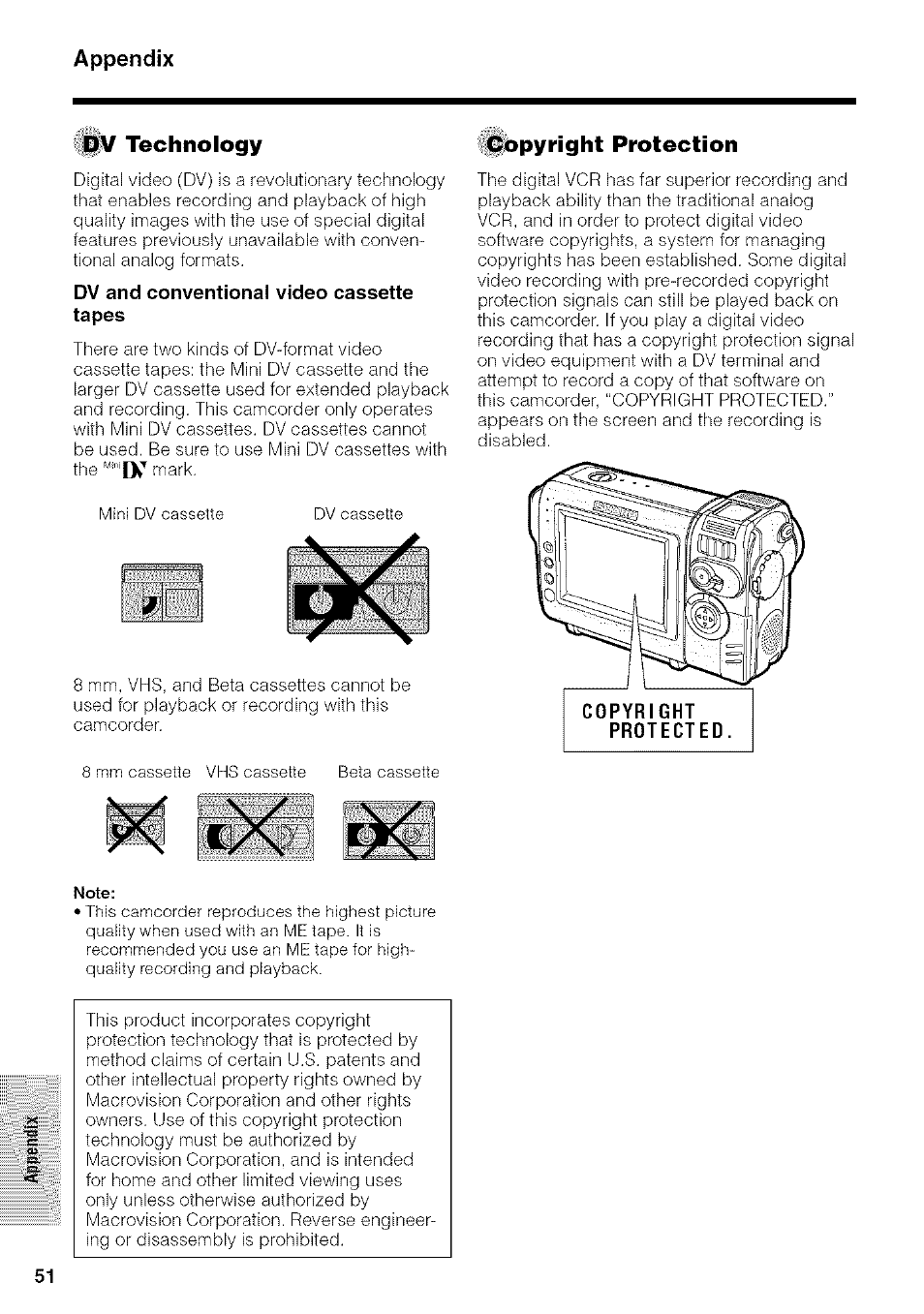 Pv technology, Dv and conventional video cassette tapes, Copyright protection | X cx, Appendix | Sharp VIEWCAM VL-NZ50U User Manual | Page 64 / 83