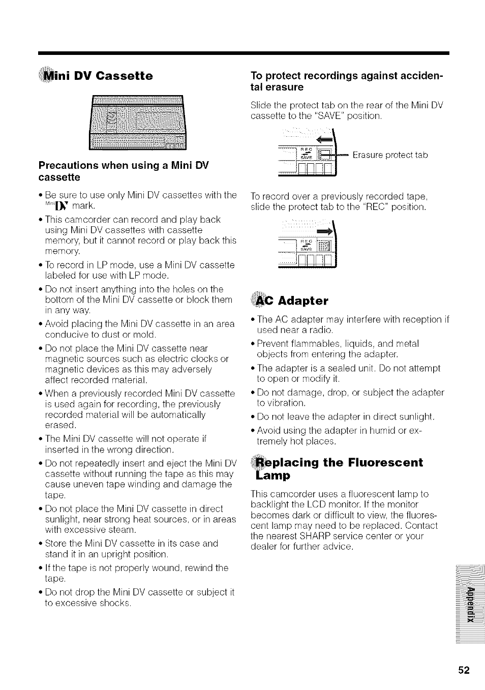 To protect recordings against accidentai erasure, Precautions when using a iwini dv, Cassette | Ac adapter, Replacing the fluorescent lamp, Mìni dv cassette | Sharp VIEWCAM VL-NZ50U User Manual | Page 65 / 83