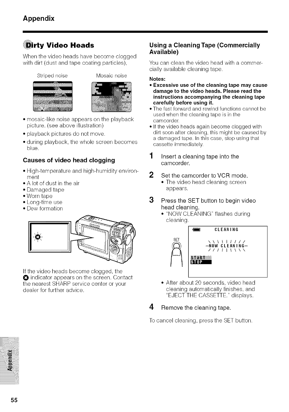 Dirty video heads, Causes of video head clogging, Using a cleaning tape {commercially | Available), Appendix | Sharp VIEWCAM VL-NZ50U User Manual | Page 68 / 83