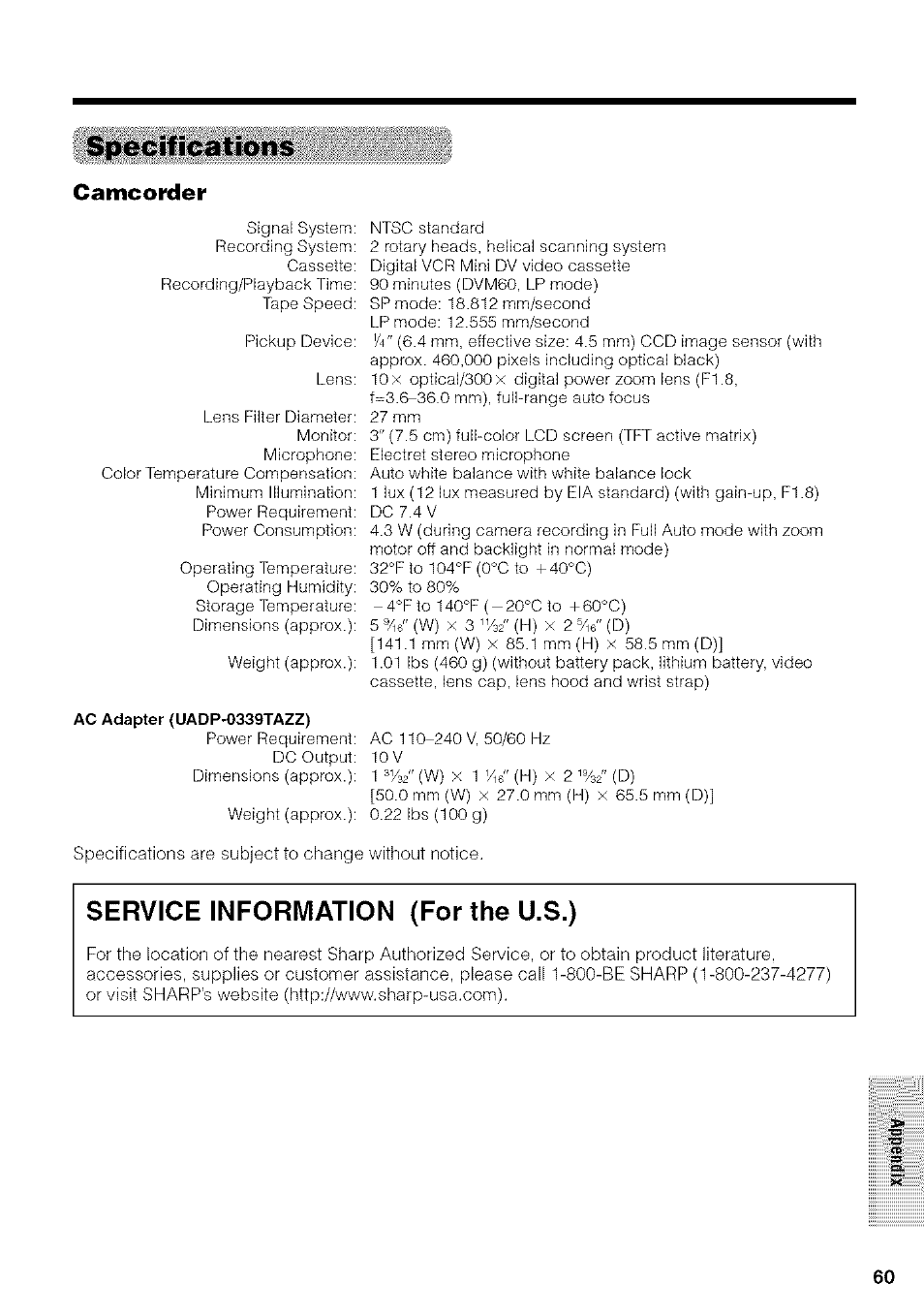 Specifications, Camcorder, Service information (for the u.s.) | Sharp VIEWCAM VL-NZ50U User Manual | Page 73 / 83