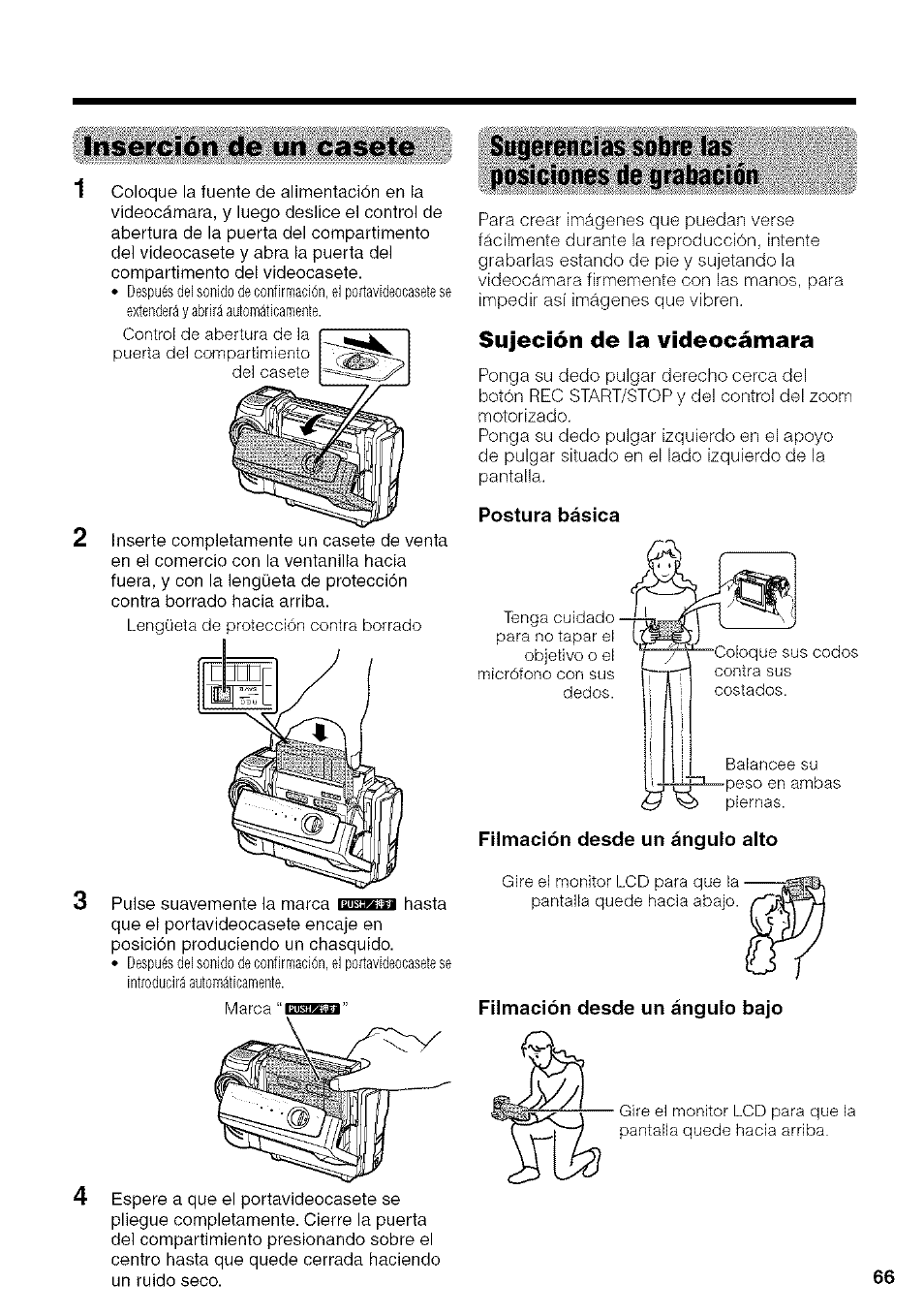 Inserción de un casete, Sugerencias sobre las posiciones de grabación, Sujeción de la videocámara | Postura básica, Filmación desde un ángulo alto, Filmación desde un ángulo bajo | Sharp VIEWCAM VL-NZ50U User Manual | Page 79 / 83