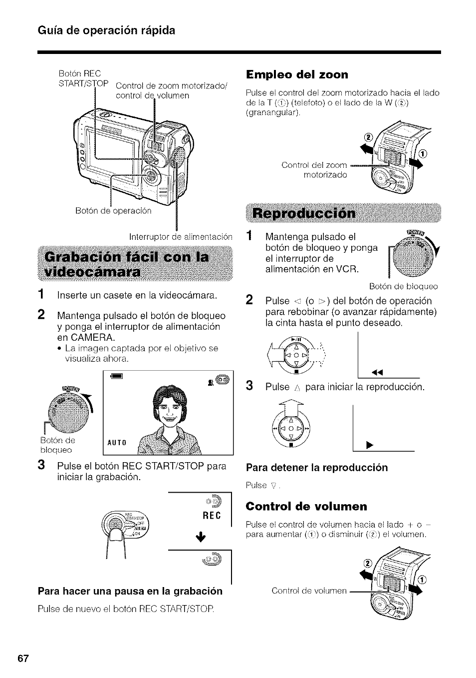 Guía de operación rápida, Grabación fácil con la videocámara, Para hacer una pausa en la grabación | Empleo del zoon, Reproducción, Para detener la reproducción, Control de volumen | Sharp VIEWCAM VL-NZ50U User Manual | Page 80 / 83