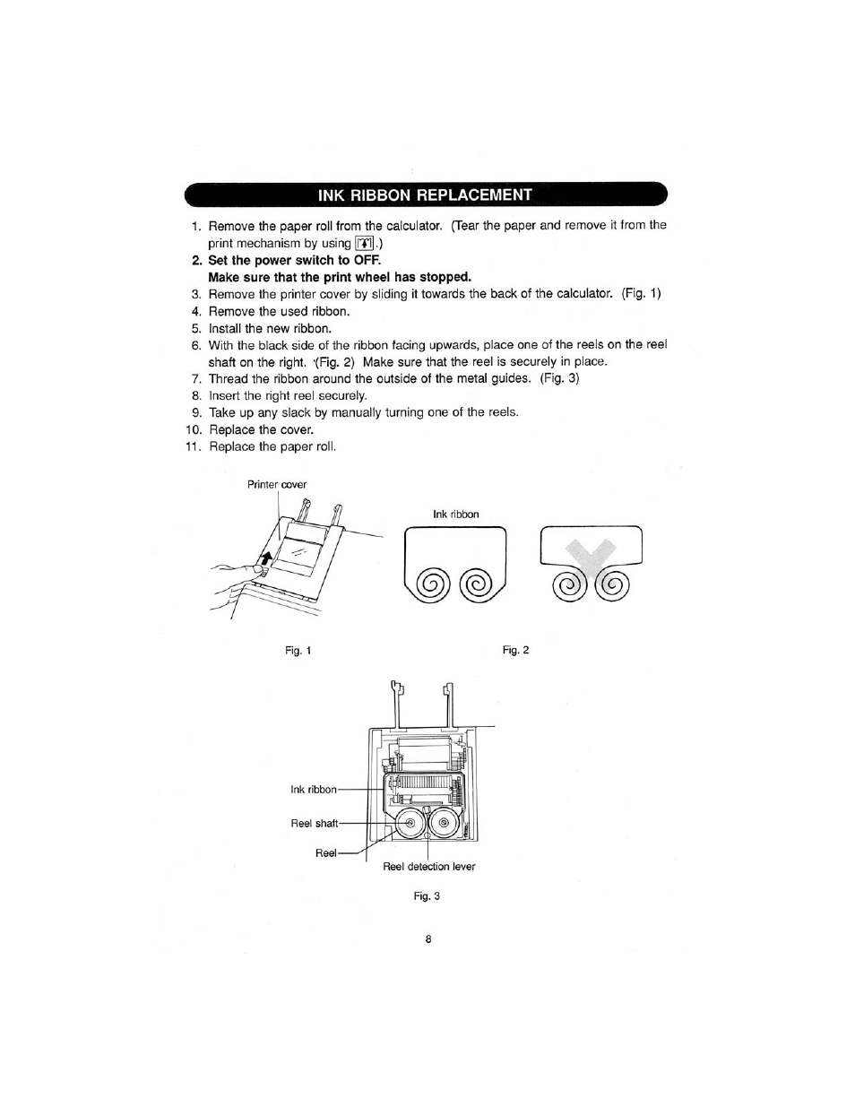 Set the power switch to off, Ink ribbon replacement | Sharp CS-2870 User Manual | Page 10 / 27