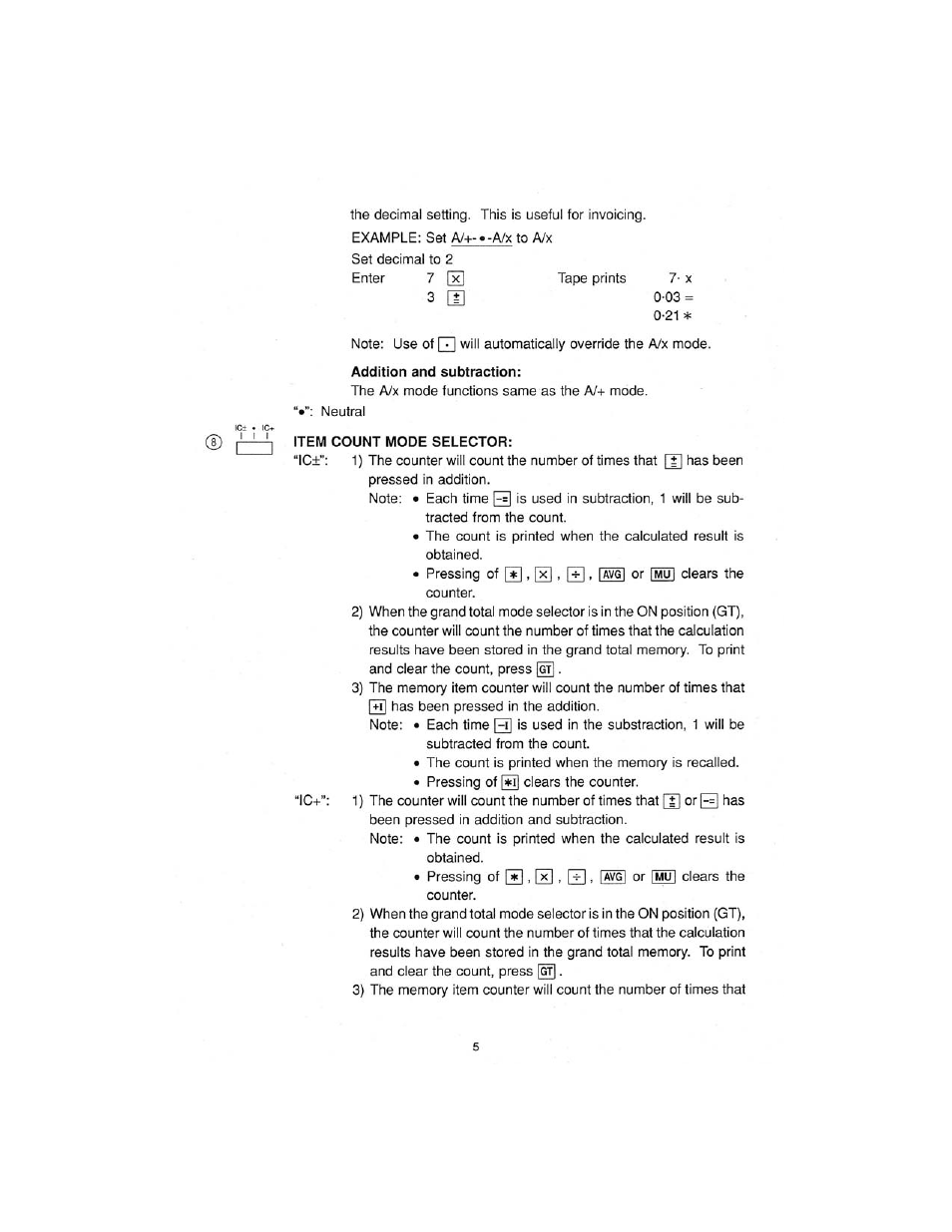 Addition and subtraction, Item count mode selector | Sharp CS-2870 User Manual | Page 7 / 27