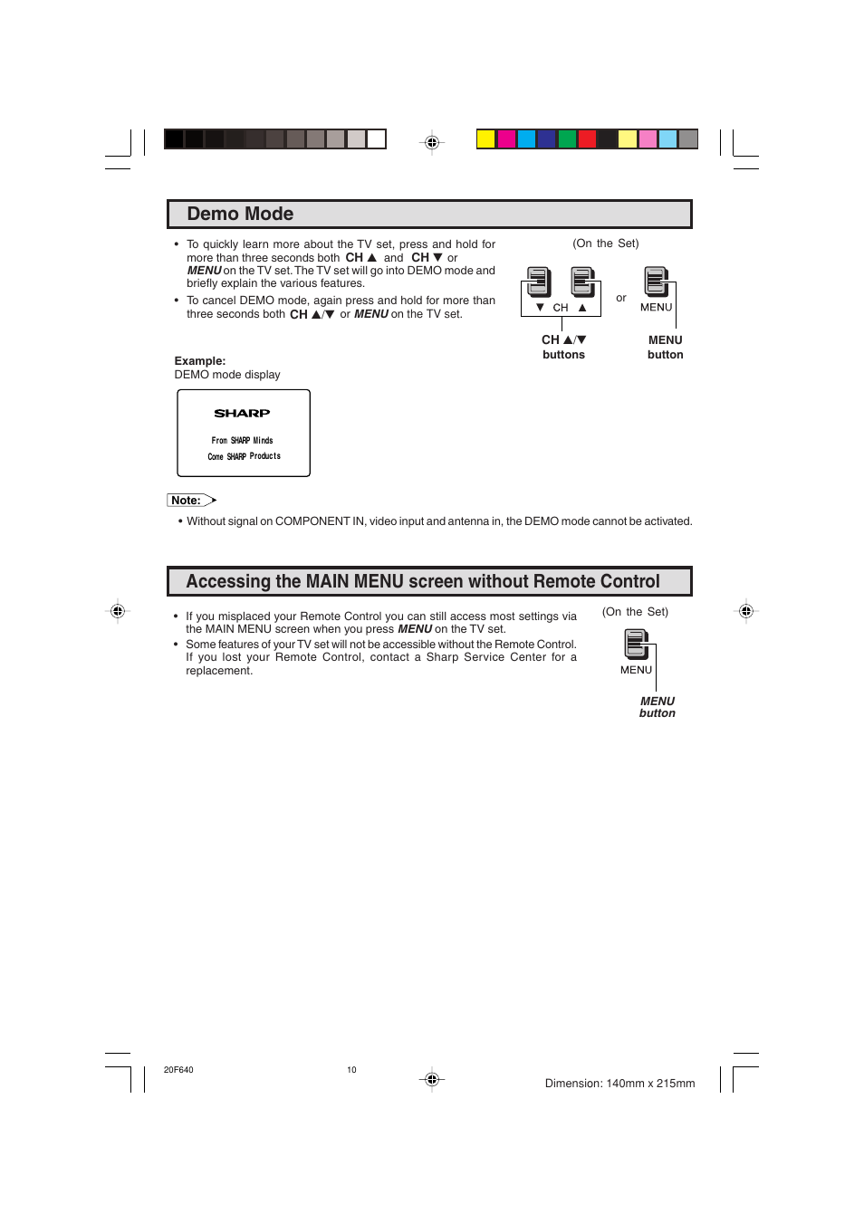 Demo mode | Sharp 20F640 User Manual | Page 10 / 60