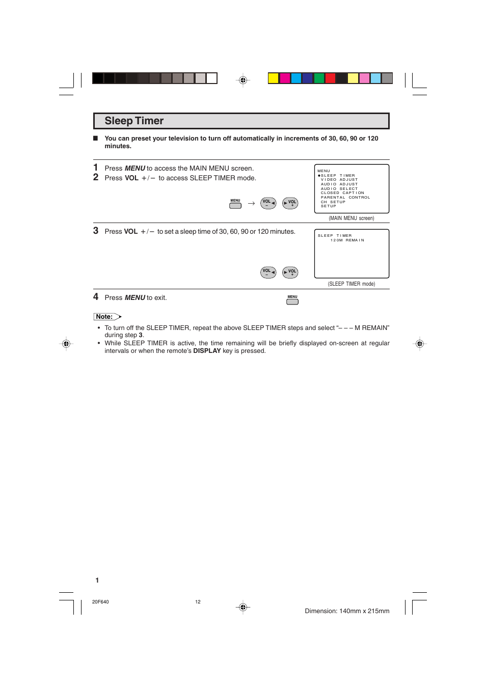 Sleep timer | Sharp 20F640 User Manual | Page 12 / 60