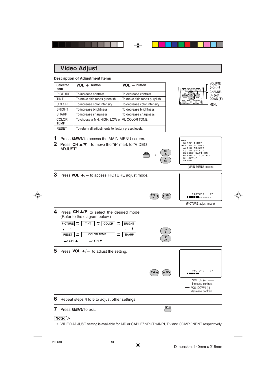 Video adjust | Sharp 20F640 User Manual | Page 13 / 60