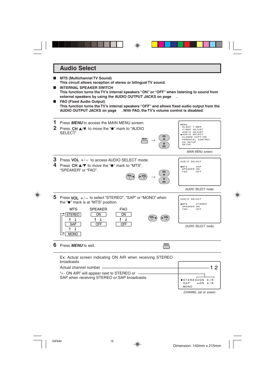 Audio select | Sharp 20F640 User Manual | Page 15 / 60