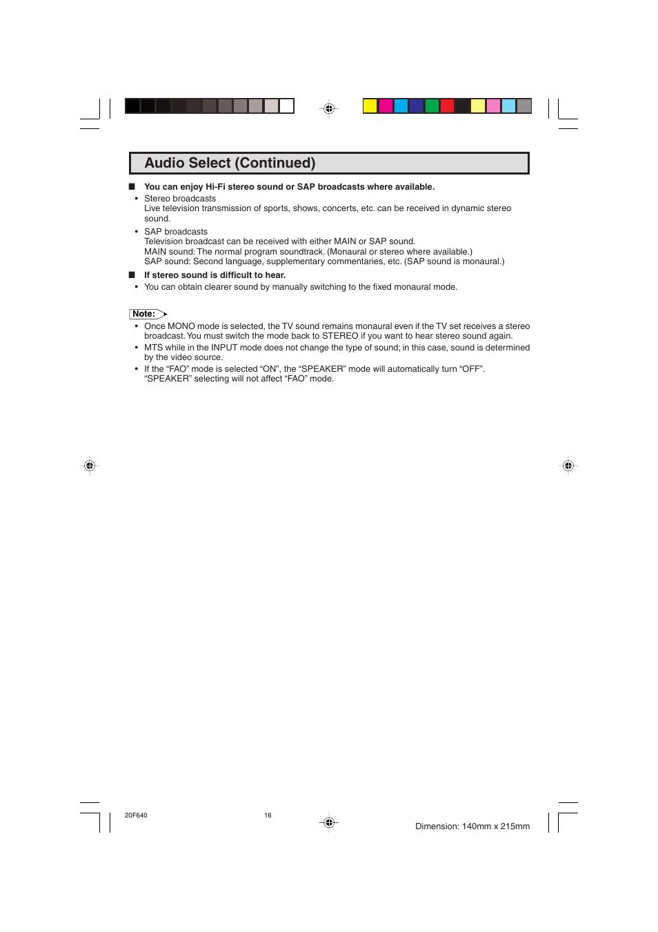 Audio select (continued) | Sharp 20F640 User Manual | Page 16 / 60