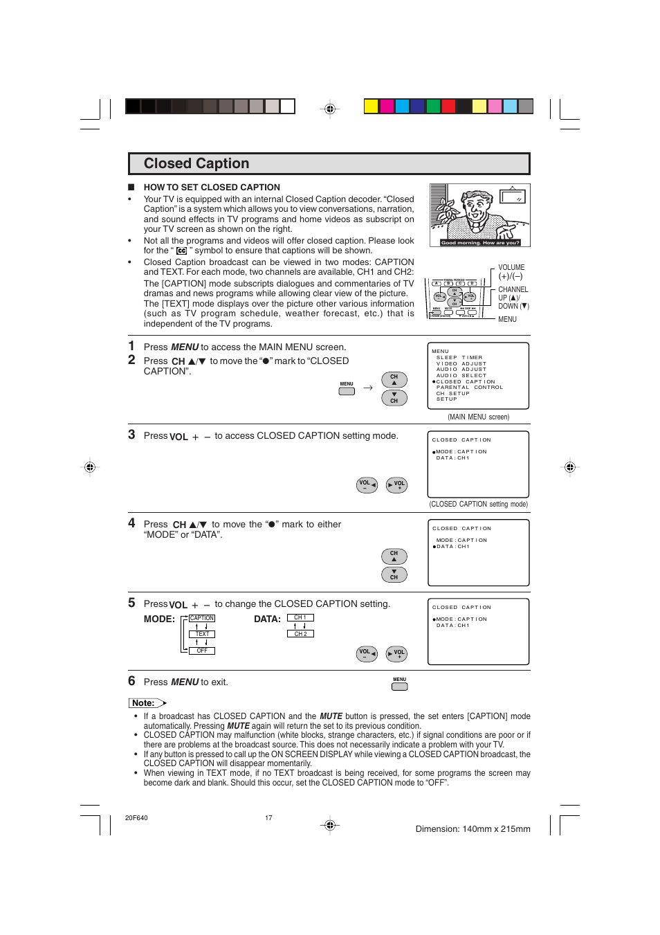 Closed caption | Sharp 20F640 User Manual | Page 17 / 60