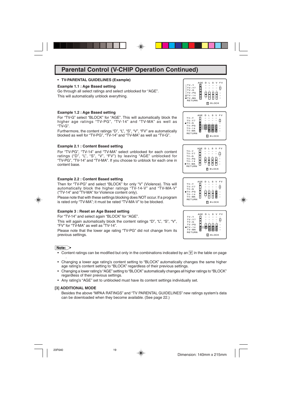 Parental control (v-chip operation continued) | Sharp 20F640 User Manual | Page 19 / 60