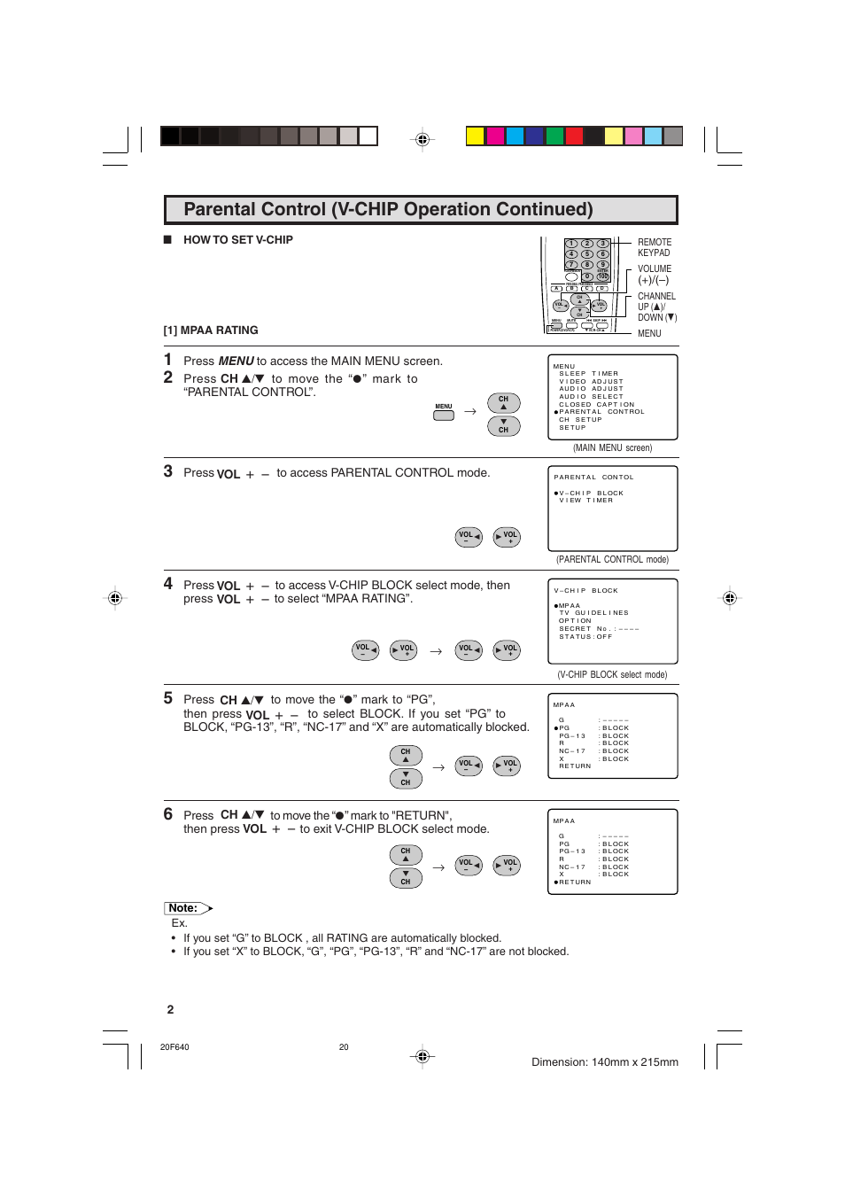 Parental control (v-chip operation continued), Press menu to access the main menu screen, Press to move the “a” mark to “parental control | Press to access parental control mode | Sharp 20F640 User Manual | Page 20 / 60