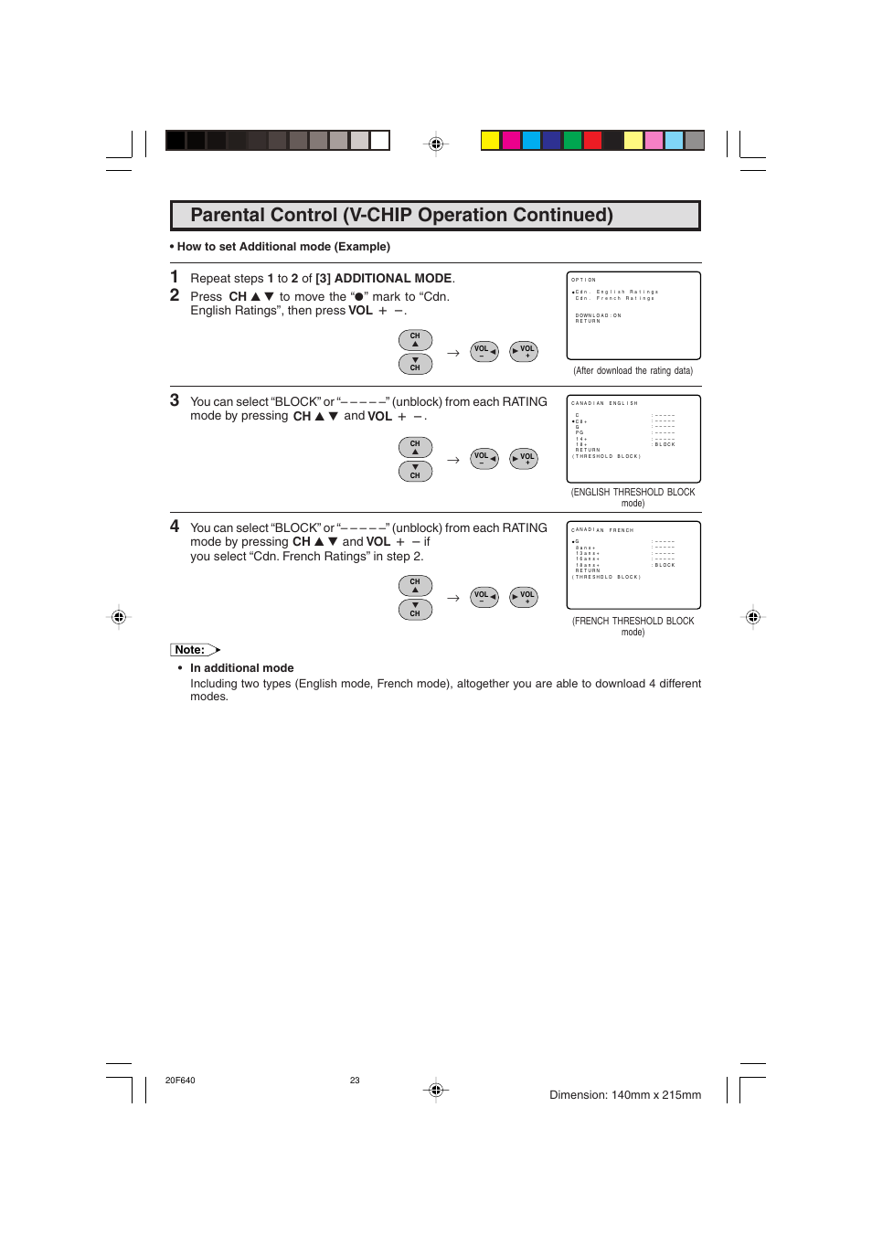 Parental control (v-chip operation continued), Repeat steps 1 to 2 of [3] additional mode | Sharp 20F640 User Manual | Page 23 / 60