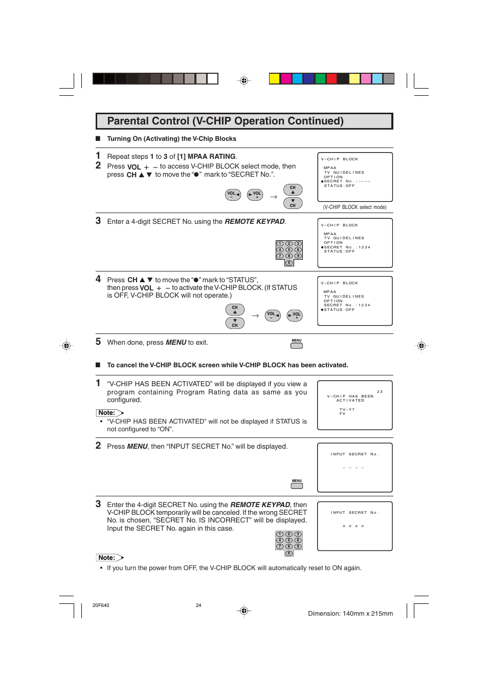 Parental control (v-chip operation continued), Repeat steps 1 to 3 of [1] mpaa rating, Enter a 4-digit secret no. using the remote keypad | When done, press menu to exit, Ch a / s vol k / l ch a / s vol k / l | Sharp 20F640 User Manual | Page 24 / 60