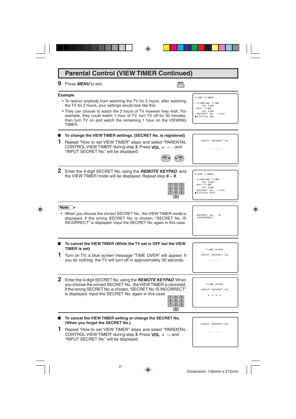 Parental control (view timer continued), Press menu to exit, Vol k / l vol k / l | Sharp 20F640 User Manual | Page 27 / 60