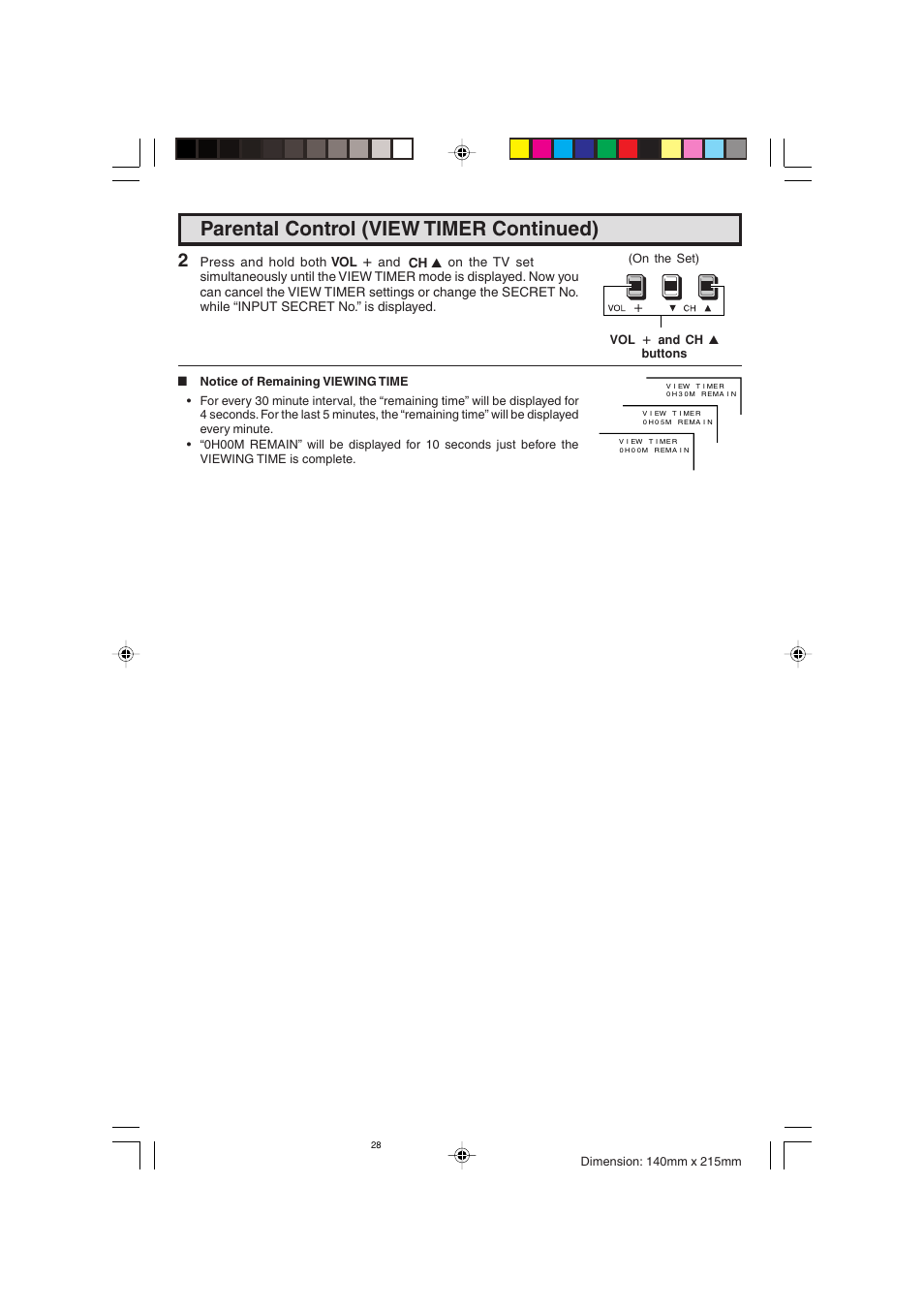 Parental control (view timer continued), Vol k ch a, Vol k and ch a buttons | Sharp 20F640 User Manual | Page 28 / 60