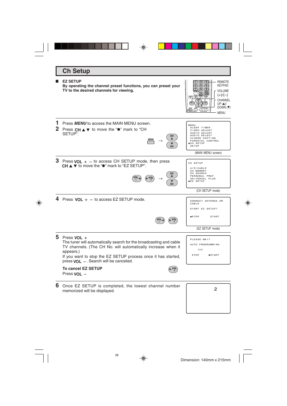 Ch setup, Press menu to access the main menu screen, Press to move the “a” mark to “ch setup | Press to access ez setup mode | Sharp 20F640 User Manual | Page 29 / 60