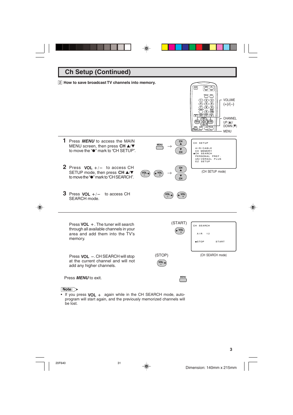 Ch setup (continued), Press to access ch search mode, Press menu to exit | Sharp 20F640 User Manual | Page 31 / 60