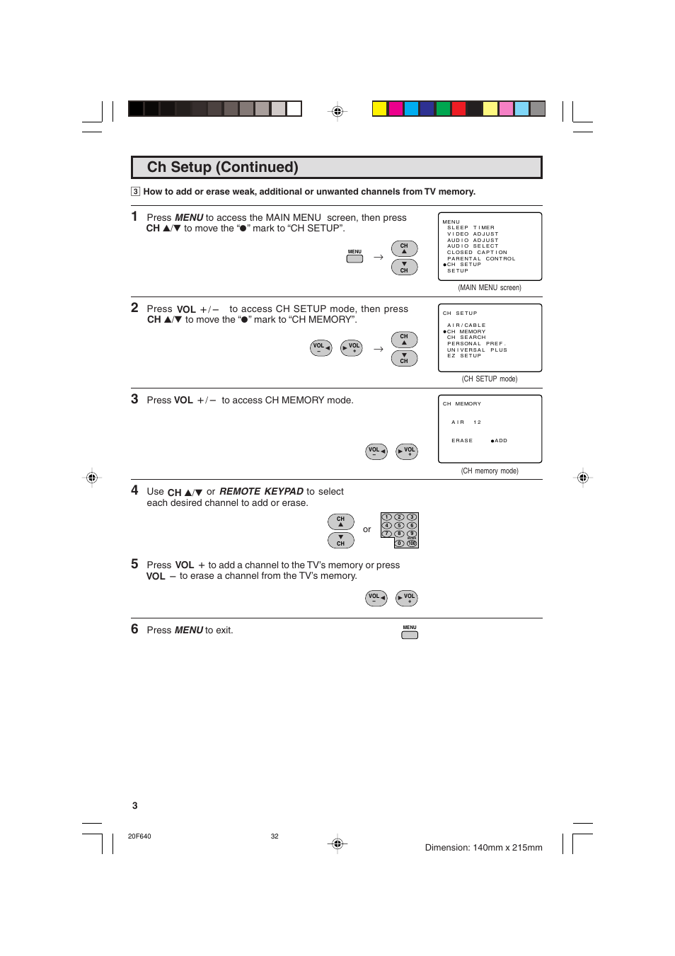 Ch setup (continued), Press menu to exit | Sharp 20F640 User Manual | Page 32 / 60