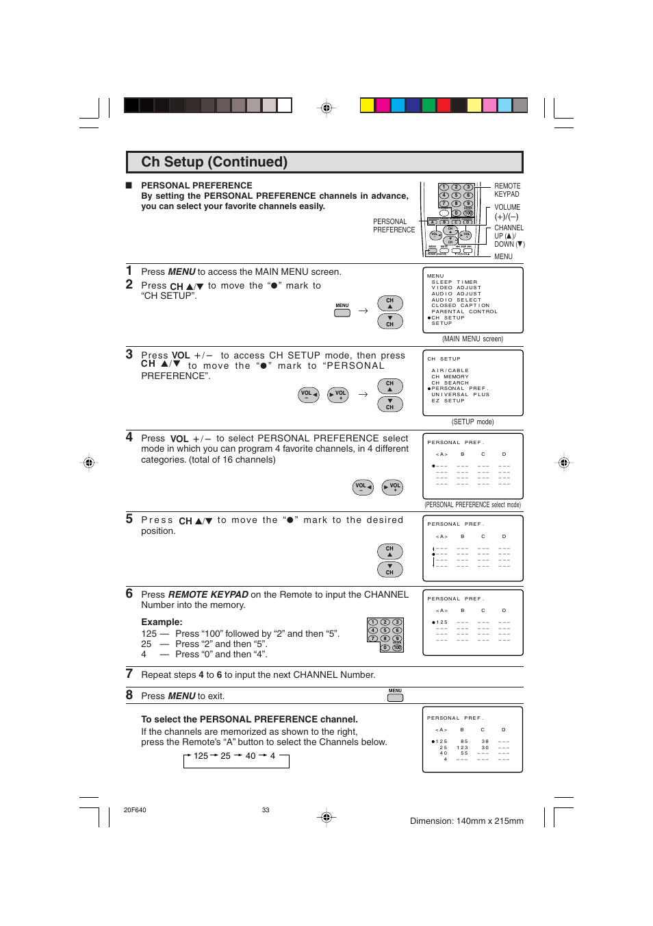 Ch setup (continued), Press menu to access the main menu screen, Press to move the “a” mark to “ch setup | Sharp 20F640 User Manual | Page 33 / 60