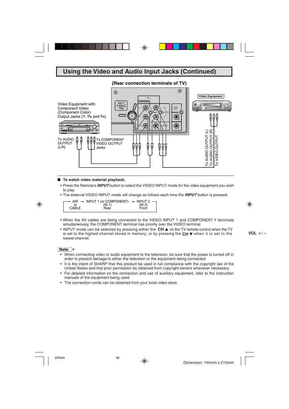 Using the video and audio input jacks (continued), Rear connection terminals of tv) | Sharp 20F640 User Manual | Page 38 / 60