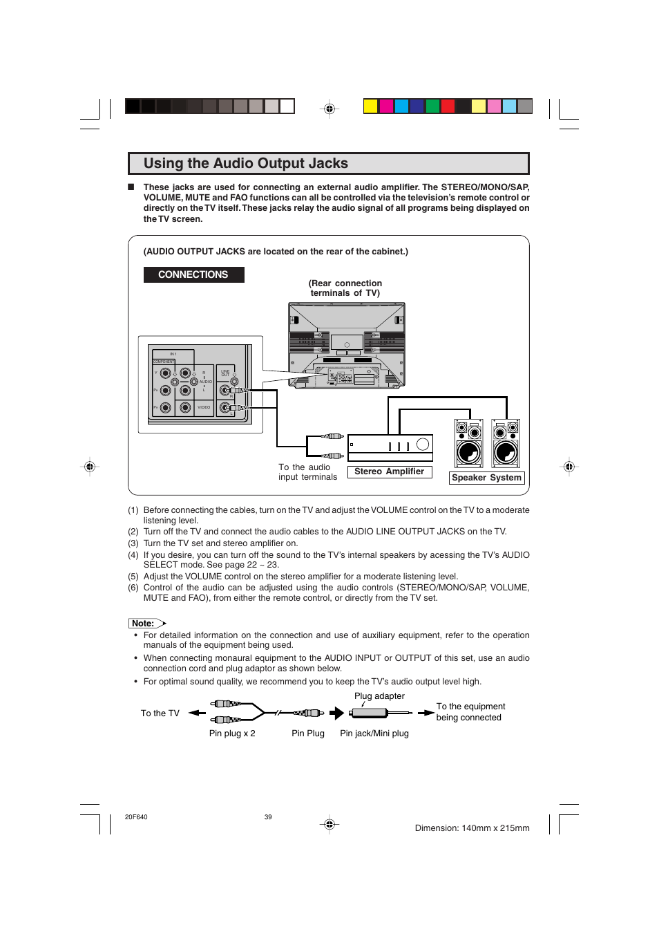 Using the audio output jacks | Sharp 20F640 User Manual | Page 39 / 60
