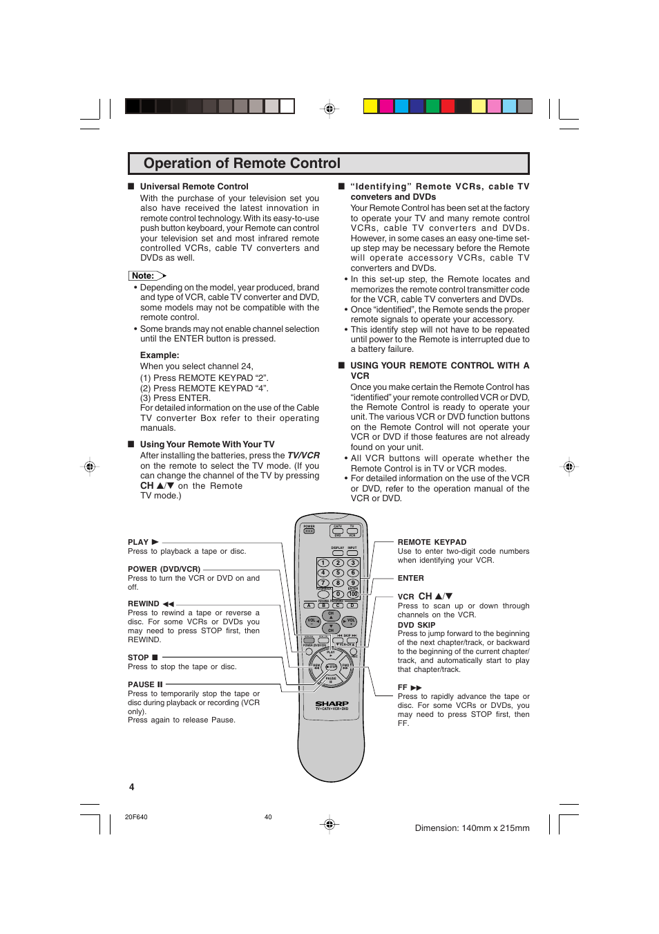 Operation of remote control, Tv/vcr, Ch a / s ch a / s | Sharp 20F640 User Manual | Page 40 / 60