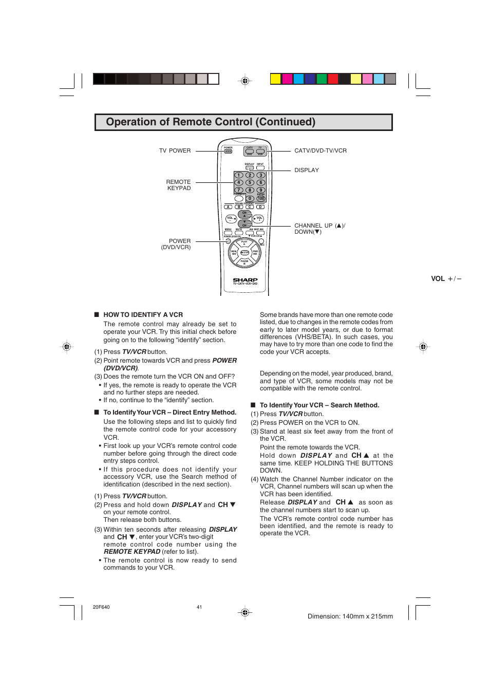 Operation of remote control (continued) | Sharp 20F640 User Manual | Page 41 / 60