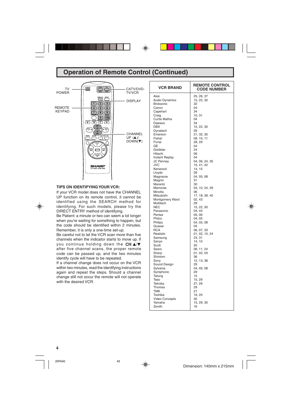 Operation of remote control (continued), Ch a / s | Sharp 20F640 User Manual | Page 42 / 60