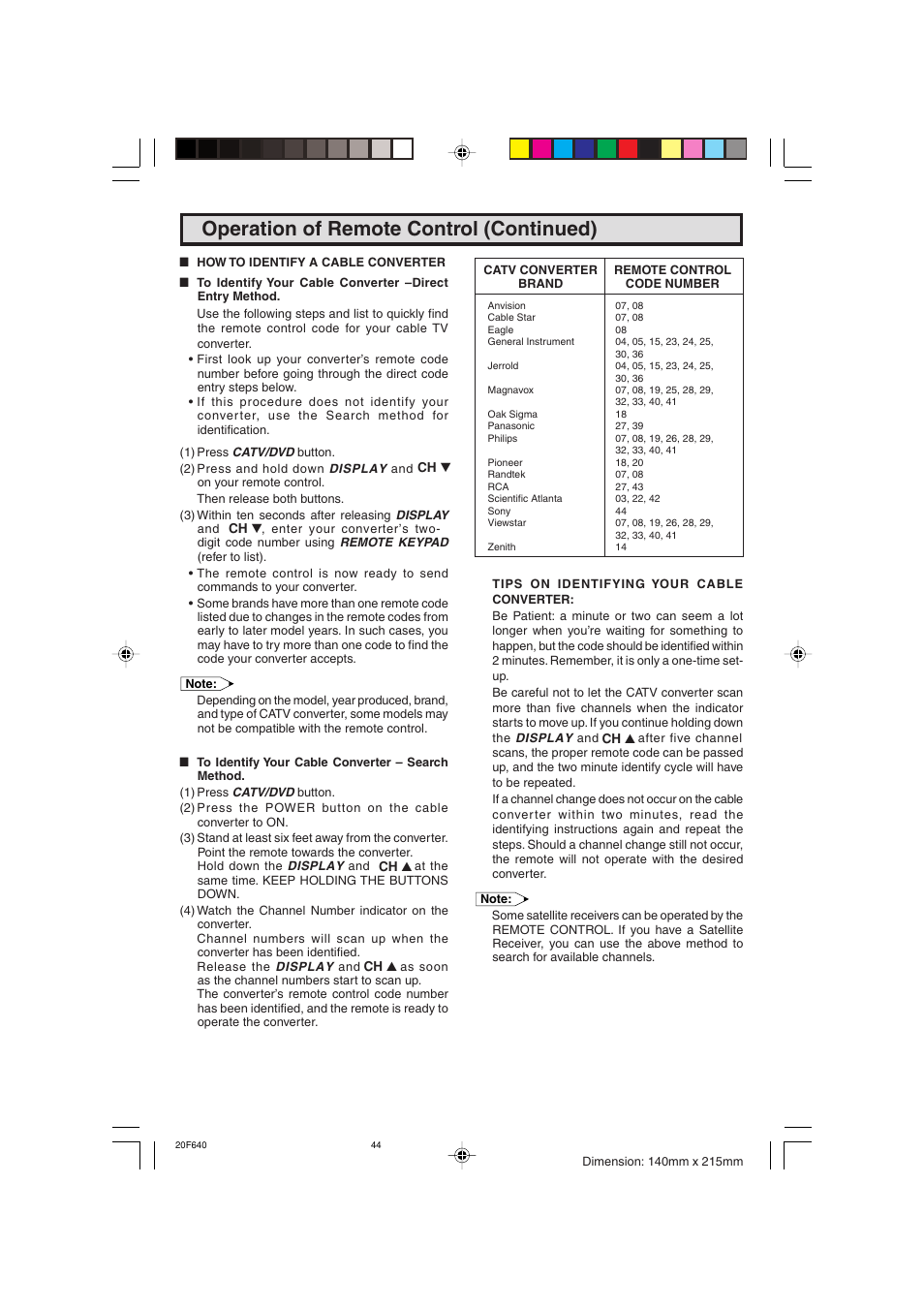 Operation of remote control (continued) | Sharp 20F640 User Manual | Page 44 / 60