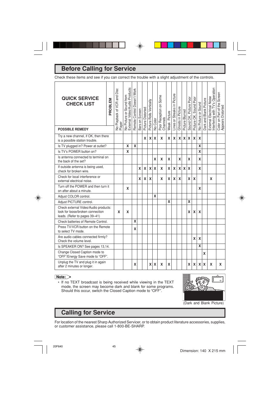 Before calling for service, Calling for service, Quick service check list | Sharp 20F640 User Manual | Page 45 / 60