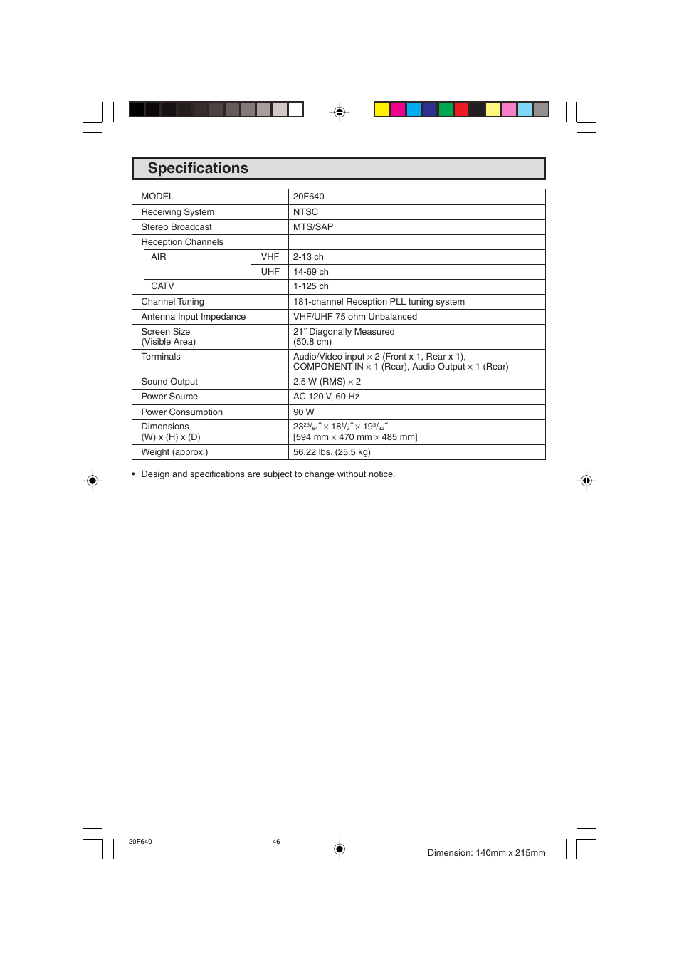 Specifications | Sharp 20F640 User Manual | Page 46 / 60