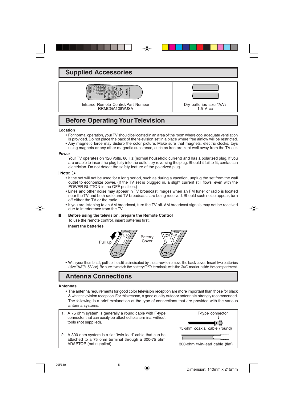 Supplied accessories, Before operating your television, Antenna connections | Sharp 20F640 User Manual | Page 5 / 60