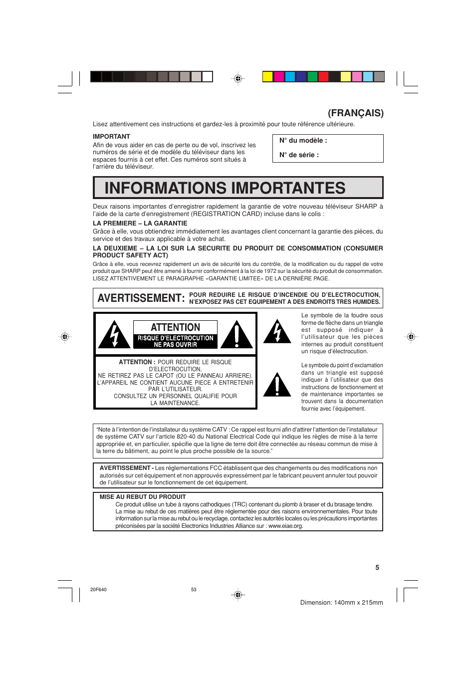 Informations importantes, Avertissement, Français) | Sharp 20F640 User Manual | Page 53 / 60