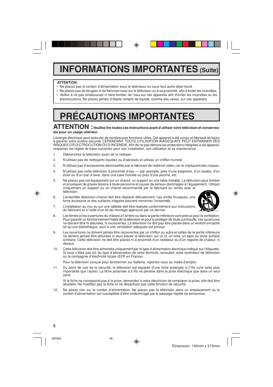 Informations importantes, Précautions importantes, Attention | Suite) | Sharp 20F640 User Manual | Page 54 / 60