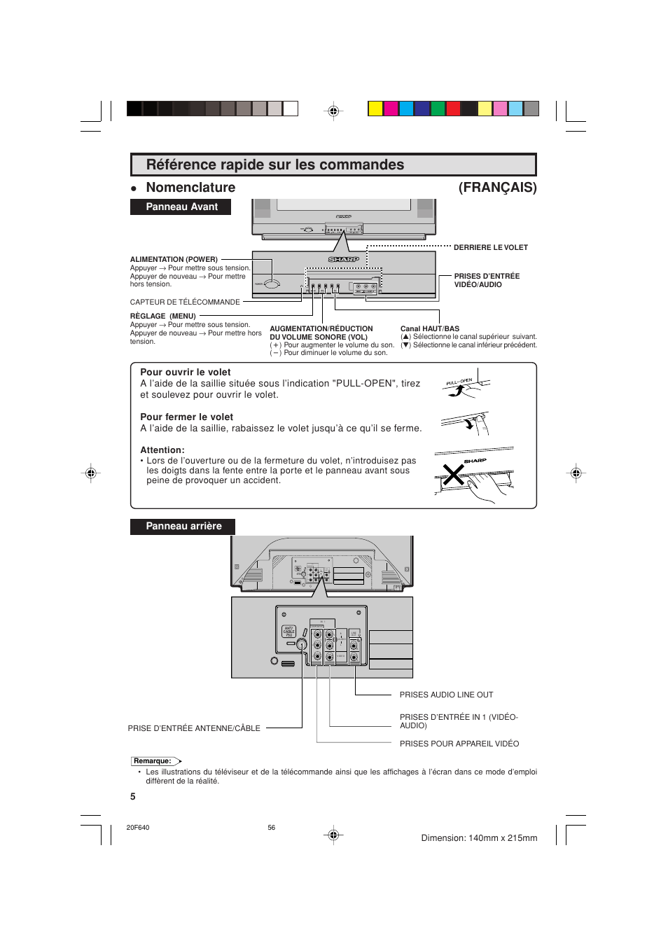 Référence rapide sur les commandes, Nomenclature (français), Panneau avant | Panneau arrière | Sharp 20F640 User Manual | Page 56 / 60
