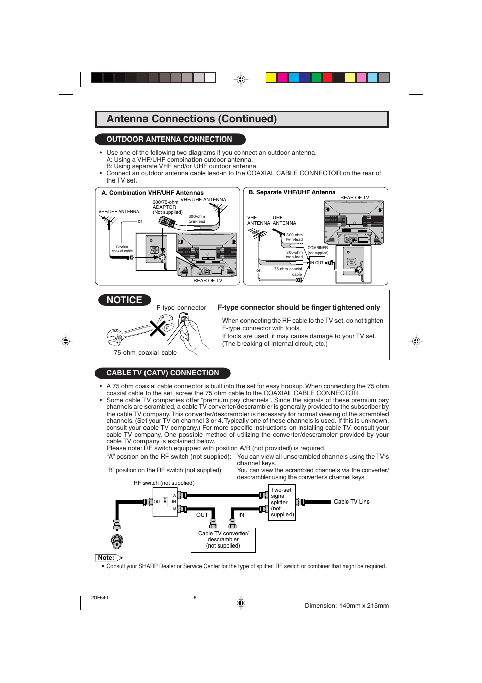 Antenna connections (continued), Notice | Sharp 20F640 User Manual | Page 6 / 60