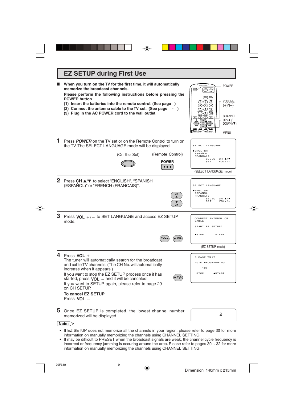 Ez setup during first use, Press to set language and access ez setup mode, Ch a / s vol k / l vol l vol k | Vol l 9 | Sharp 20F640 User Manual | Page 9 / 60