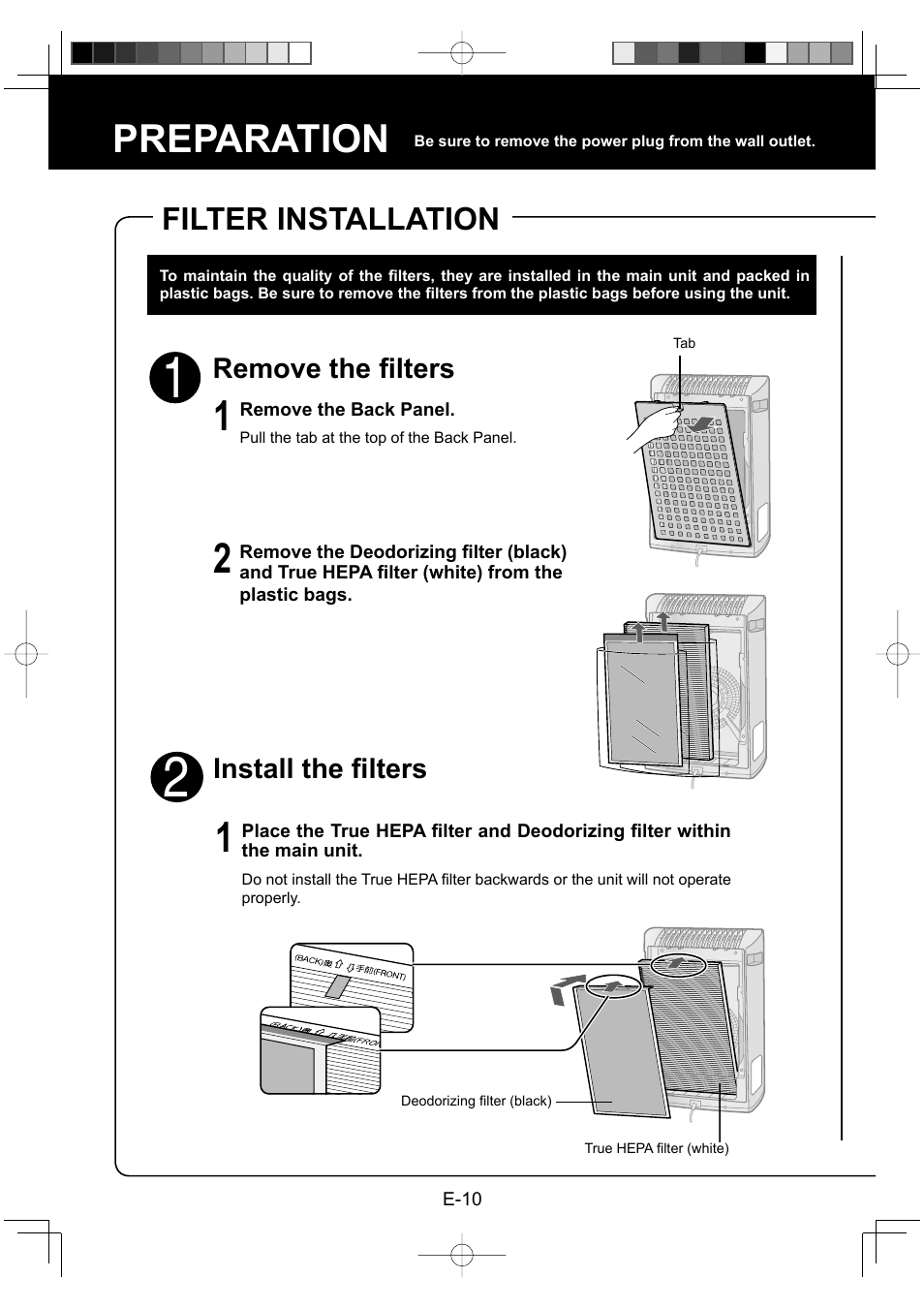 Preparation, Filter installation | Sharp FP-P30U User Manual | Page 12 / 52